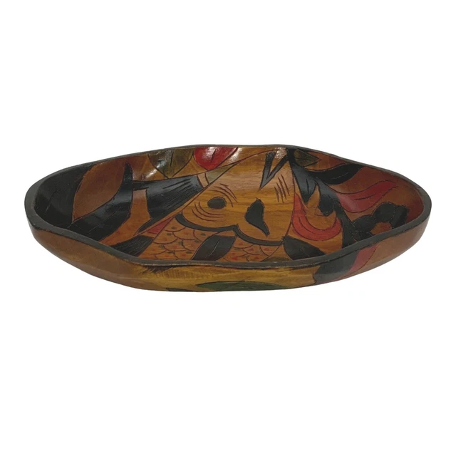 VTG Hand Carved Wooden Fish Floral Serving Bowl Hand Decorated Haiti Oval