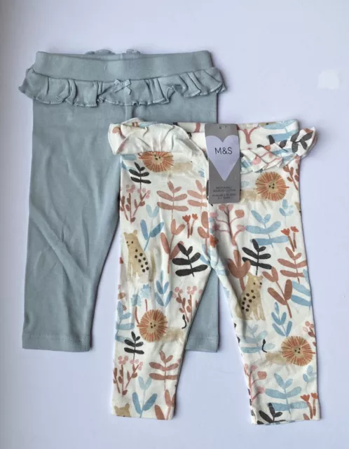 M&S Baby Girls 2-Pack Blue & Animal Floral Print Leggings Set BNWT - 3-6months