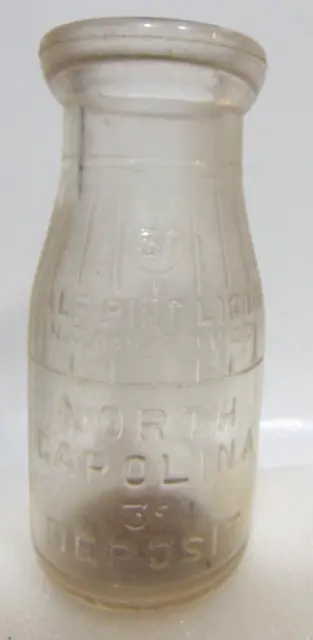 Milk Bottle North Carolina Liquid Half Pint NC Approved 3 Cent Deposit Vintage