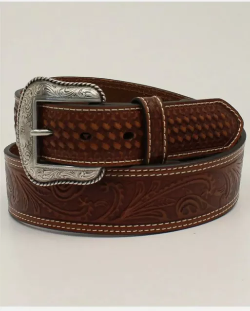 M and F Western Men's Basketweave Floral and Filigree Leather Western Belt Brown