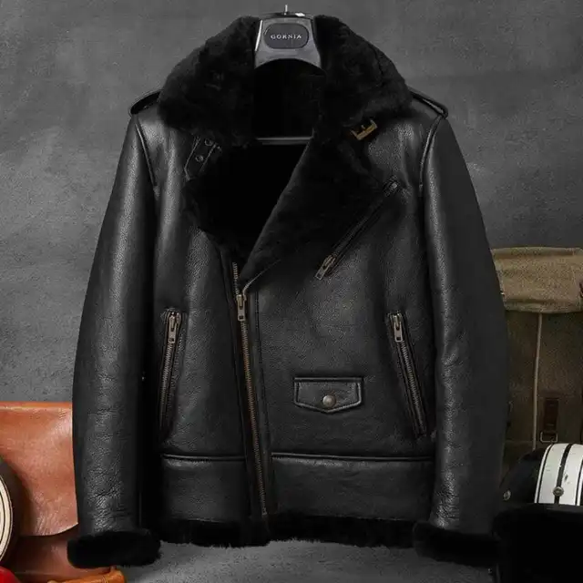 Women’s B3 RAF Bomber Aviator Brand Black Fur Shearling Real Leather Jacket Coat