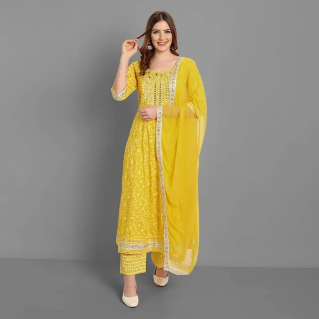 Kurti Women Bollywood Gown Indian Pakistani Yellow Anarkali Pant Dupatta Suit