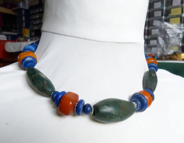 Ancient Serpentine Stone Beads Necklace with Moroccan amber and lapis lazuli