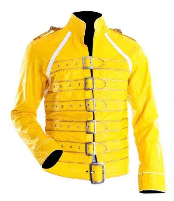 Men Yellow Pop Rock Freddie Mercury Costume Leather Jacket