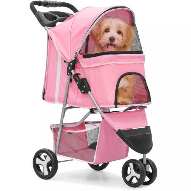 Foldable Pet Stroller for Cats and Dogs 3 Wheels Carrier Cart w/Cup Holder Pink
