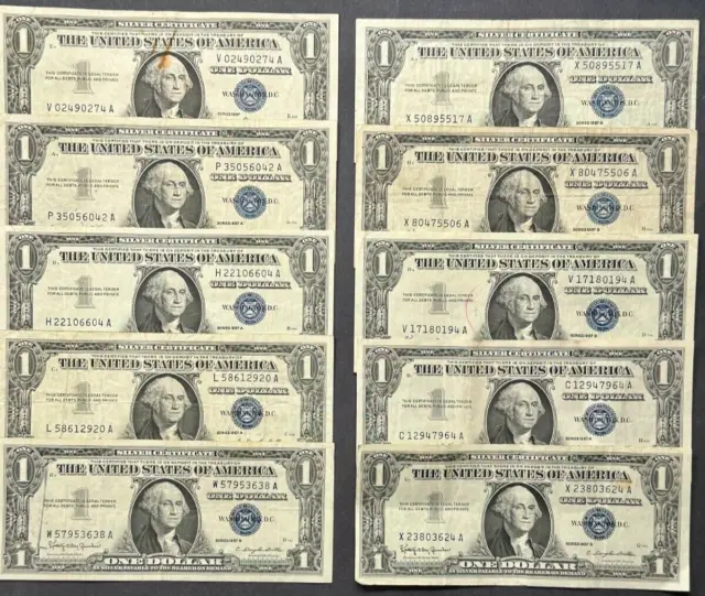 TEN Blue Seal One Dollar Silver Certificates ~$1 Dollar Bill Silver Certificates