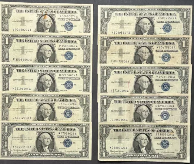 TEN Blue Seal One Dollar Silver Certificates ~$1 Dollar Bill Silver Certificates