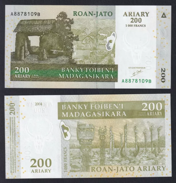 Billets Banque Madagascar 200 Ariary On 1000 Francs 2004 P 87 Fds / UNC B-09