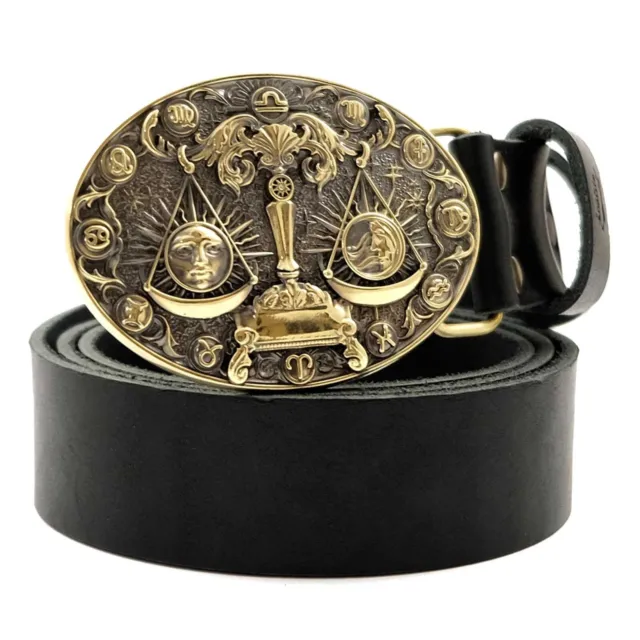 Leather belt with brass buckle Libra, Horoscope, Scales Astrological Zodiac Sign