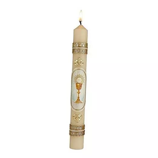 First Holy Communion Hand Decorated Taper Candle with Chalice and Host Design,