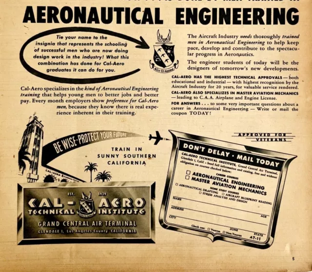 1949 Aviation Cal-Aero Institute Advertisement Aeronautical Engineering CA