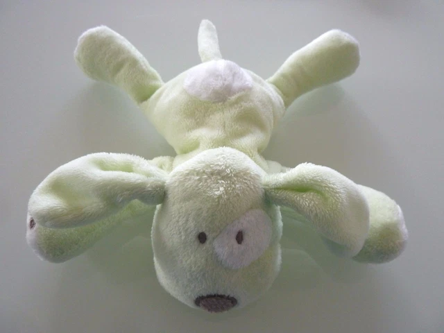 X7- Doudou Okaidi Obaibi Chien Vert Blanc Gris 20 Cms Avec Billes - Etat Neuf