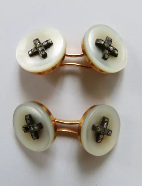 Paire de boutons manchette OR massif + nacre + diamant anciens gold cufflinks