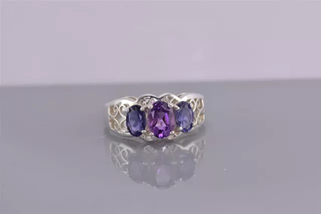 Sterling Silver Triple Oval Amethyst Scrolled Swirl Band Ring 925 Sz: 6