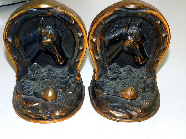 Vintage Copper Finished Horse Head Horseshoe Western Bookends 5+ lbs Book Ends
