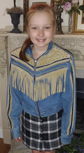 Cache Suede Leather Fringe Cropped Denim Blue Jean Jacket Country Cowgirl XS EUC Cache Suede Leather Fringe Cropped Denim Blue Jean Jacket Country Cowgirl XS EUC