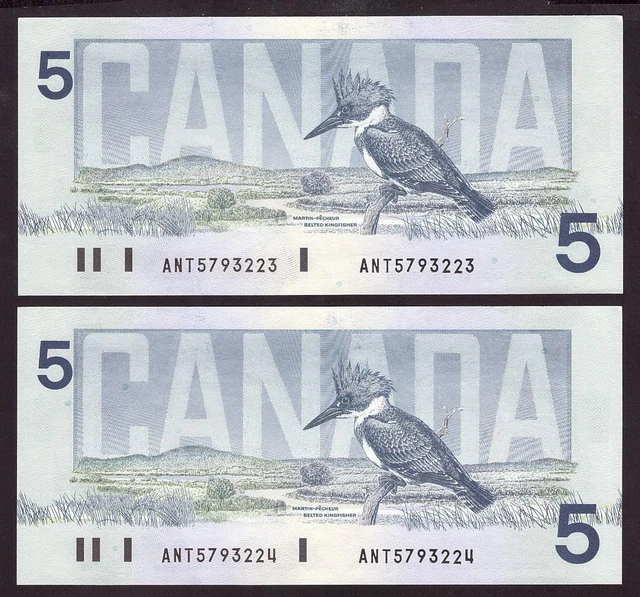 2x 1986 Canada $5 consecutive notes Knight Dodge ANT5703223-24 Choice UNC
