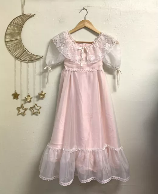vtg little girl Maxi dress flare sheer ruffles lace  pink white