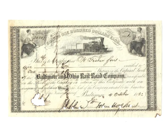 Civil War Era 1862 Johns Hopkins signed B&O Railroad Stock Certificate