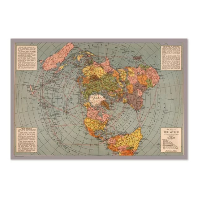 Flat Earth Map Polar Azimuthal Equidistant Projection 1943 WWII Classic Poster