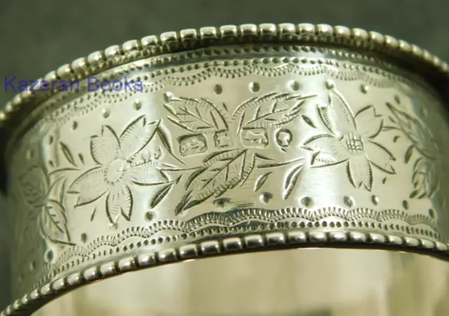 Antique Victorian Sterling Silver Floral Design Beaded Rim Serviette Napkin Ring 3