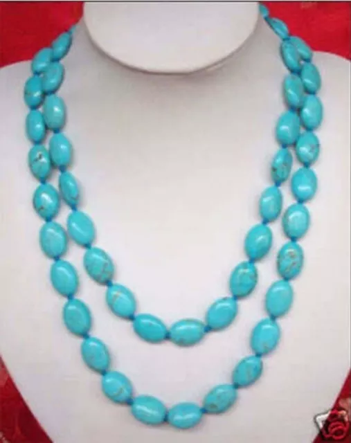 Wonderful 13x18mm Turkey Natural Blue Turquoise Oval Gems Beads Necklace 35"