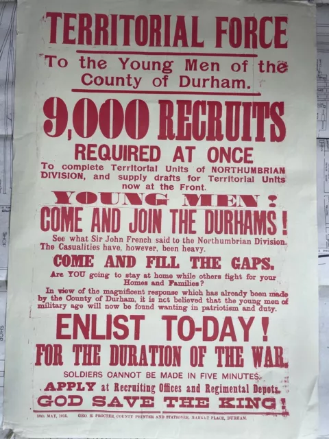 TERRITORIAL FORCE RECRUITMENT Poster Durham Vintage 1915 WW1 Army ...