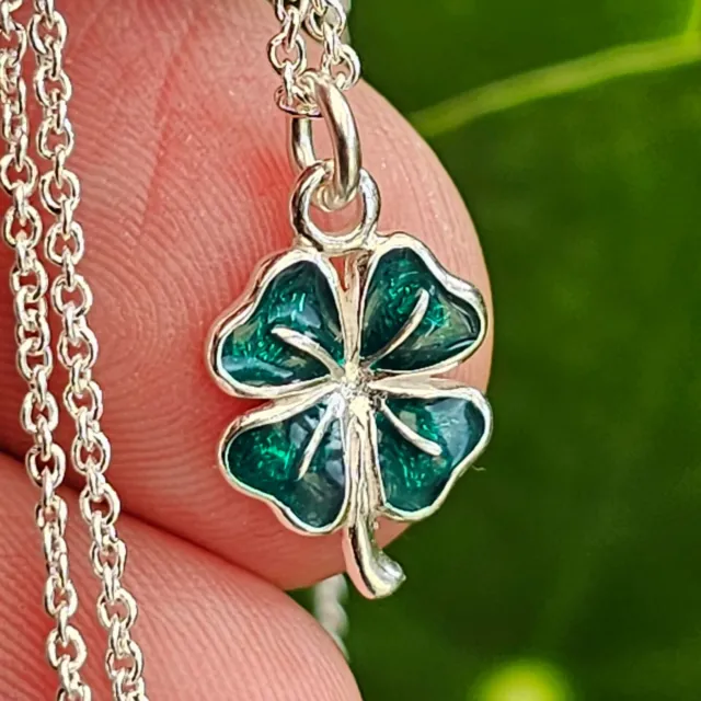 Shamrock Pendant Necklace 4 Leaf Clover Green Enamelled 18" Chain 925 Silver Box