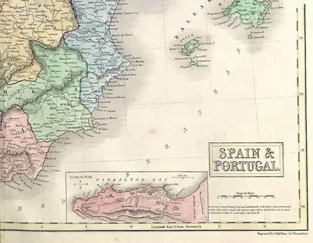 map of Spain & Portugal Sidney Hall original hand colour large wall map 1840