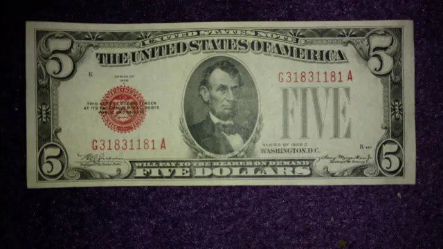 FR-1528 1928 C United States Note Red Seal Uncirculated Condition $5.00 Bill.