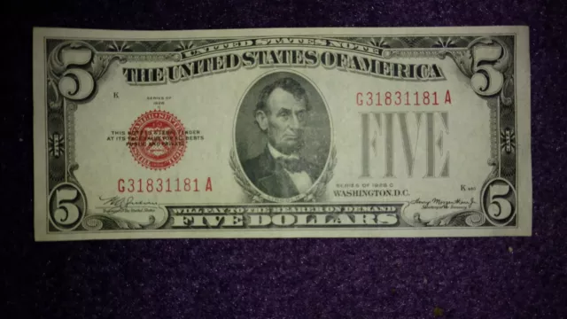 FR-1528 1928 C United States Note Red Seal Uncirculated Condition $5.00 Bill.
