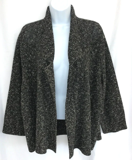 Eileen Fisher XL Organic Linen Organic Cotton Open Front Cardigan Black Knit
