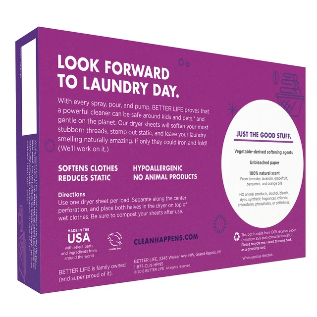 Better Life Hypoallergenic Dryer Sheets, Lavender Grapefruit, 80 Count (4 Pack) 3
