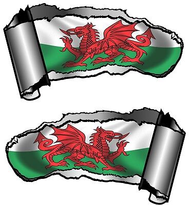 Small Pair Ripped Open Metal Rip GASH Welsh Dragon Wales CYMRU Flag Car Sticker