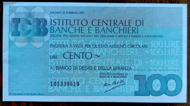 Mini Assegno Istituto Centrale Di Banche E Banchieri Cento Lire 100  Miniassegno