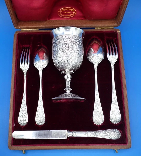 MASTERPIECE Antique French 950 Silver DUPONCHEL CHRISTENING SET Box GOBLET Spoon