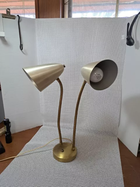 Vtg (Brass/Gold) Color Double Cone Bullet Gooseneck Desk Lamp Mid Century Modern