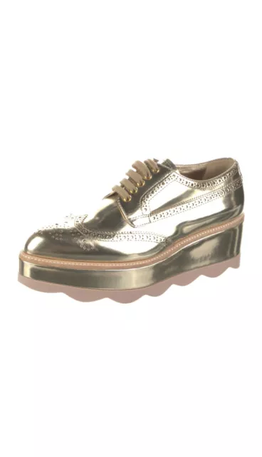 PRADA Prada Metallic Gold Brogue Leather Wave Wingtip Espadrille Platform Size 8