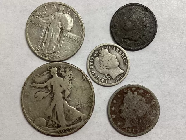 5 Coin Type Set-Better Dates! Walker, Standing Liberty, Barber, V Nickel, Indian