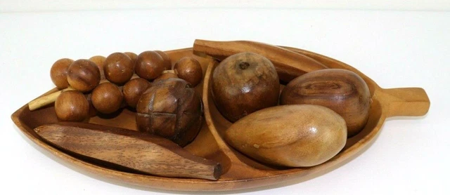 Vintage Leilani Genuine Monkey Pod Wood Carve Hand Crafted Leaf Tray & Fruit 8pc