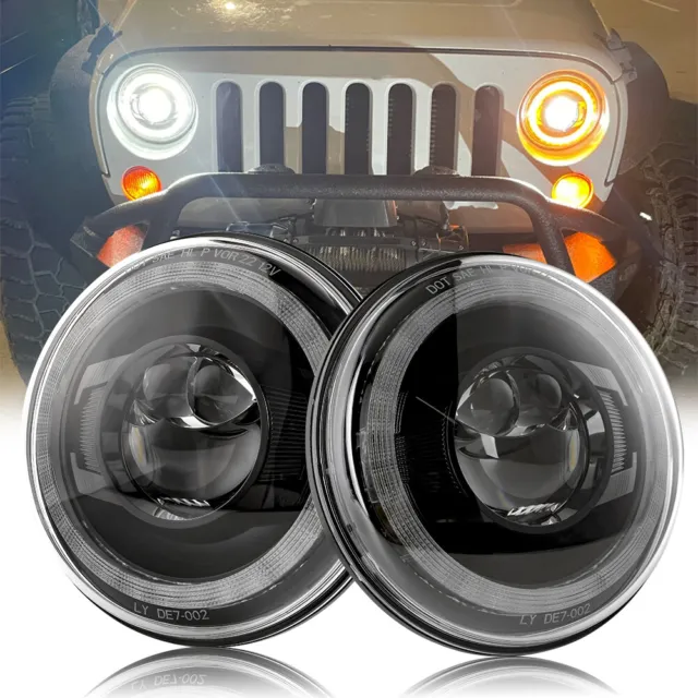 Pair 130W 7" Round LED Headlights Halo Angel Eyes DRL Turning for Jeep JK JKU