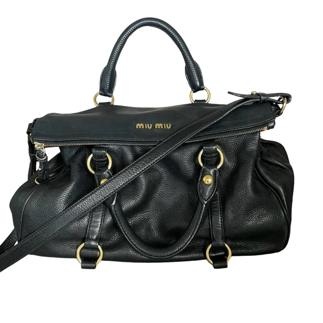 Authentic MIU MIU Vitello Lux Black Calf Leather Satchel/Gold Hardware Large
