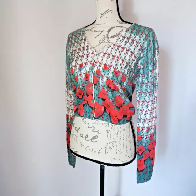 Twin-Set Simona Barbieri Italy Poppy Crystal Cropped Cardigan Button Cotton Sz.M