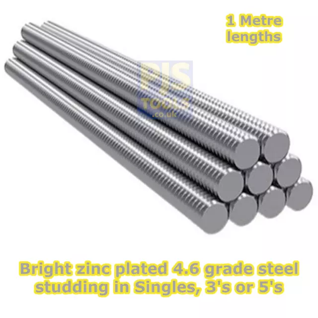 Metric zp steel studding 1m metre zinc plated allthread stud bar threaded rod