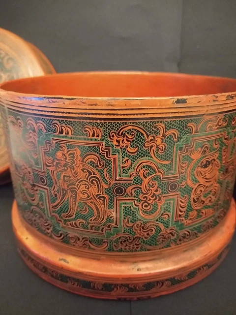 Burmese Asian Orange Lacquer Betel Nut Box RARE Zodiac and Maker Inscription 21