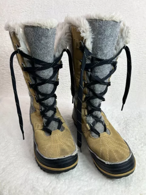 Sorel Boots Womens 8 Tivoli High II Suede Gray Tan Lace Up Fur Lined Insulated