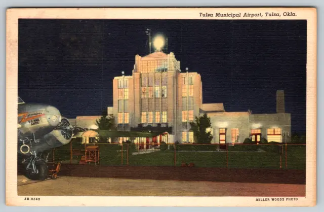 c1940s Tulsa Municipal Airport Oklahoma Airplane Linen Vintage Postcard