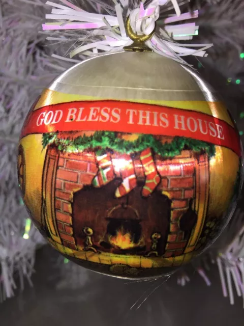 Vintage Bless our house Christmas ORNAMENT Satin Ball 3" fire place tree