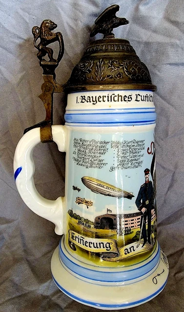 1910 Germany Regimental Stein w Graf Zeppelin Biplanes Parachutes Air Force?