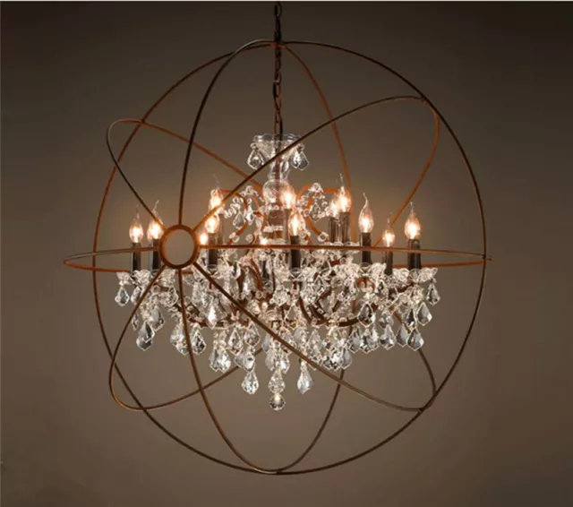 Foucault's Orb Clear K9 Crystal Chandelier Rustic Iron Globe Ceiling Lamp Light